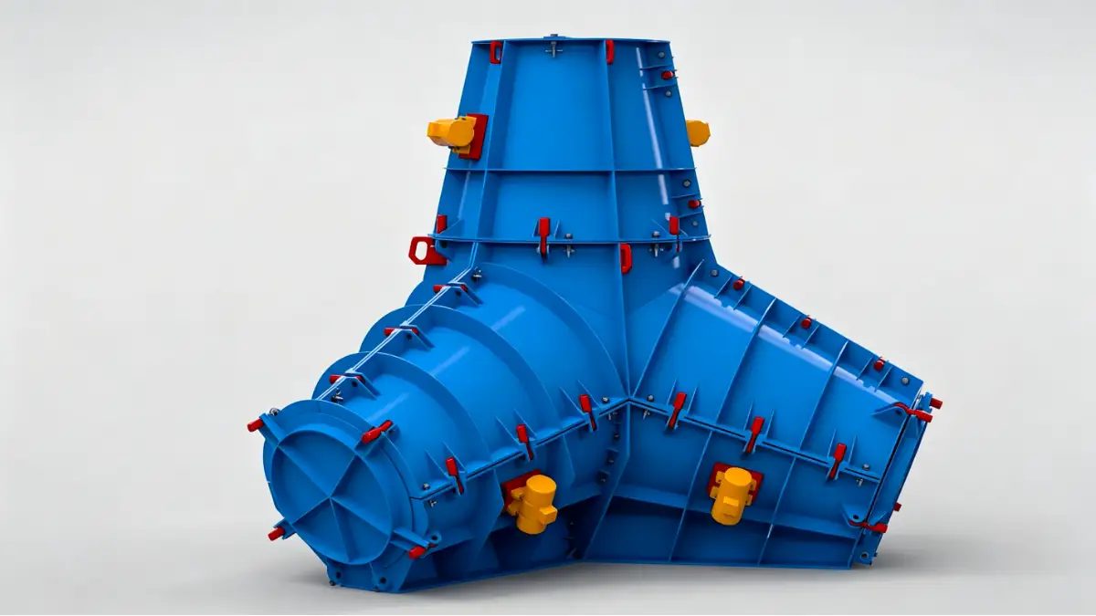 Engineering illustration of an opened segmented steel mould for a precast concrete tetrapod armour unit